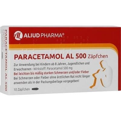 Box of Aliud Pharma Paracetamol AL 500 tablets on a white background