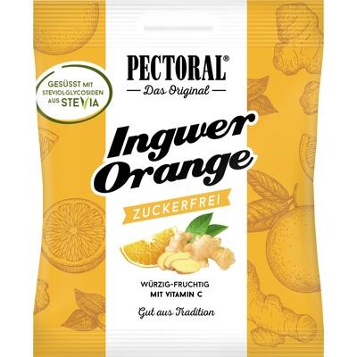 Pectoral ginger orange flavored sweetener package with yellow and white design.