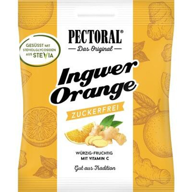 Pectoral ginger orange flavored sweetener package with yellow and white design.