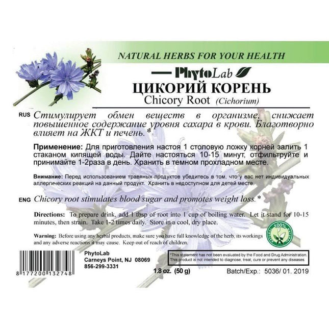 Label for PhytoLab Chicory Root with text and images of chicory root and flowers.