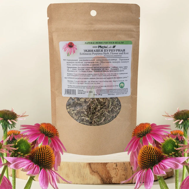 Herbal packaging with Echinacea Purpurea flowers on a light background
