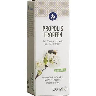 Box of Propolis drops with text and a bee illustration on a white background