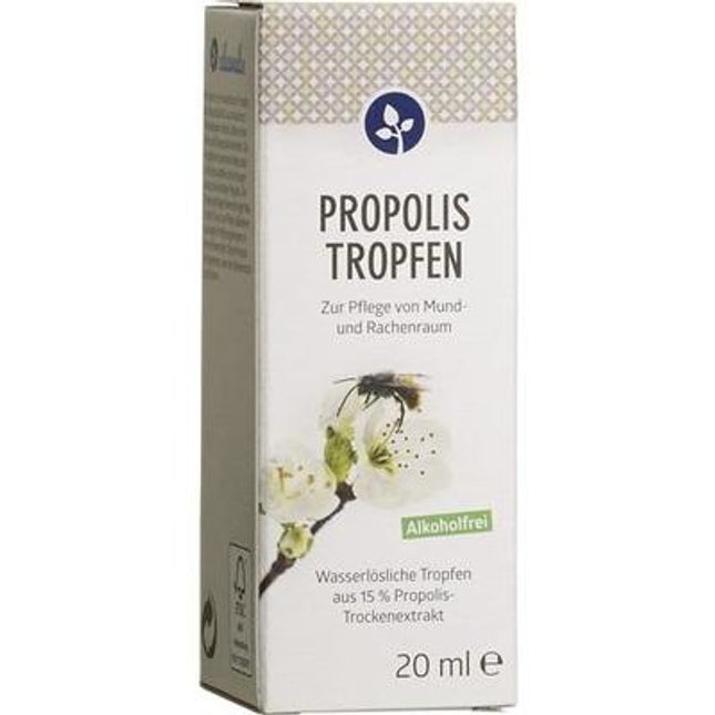 Box of Propolis drops with text and a bee illustration on a white background