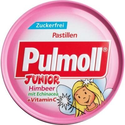 Pink container of Pulmoll Junior pastilles with a child illustration on a white background