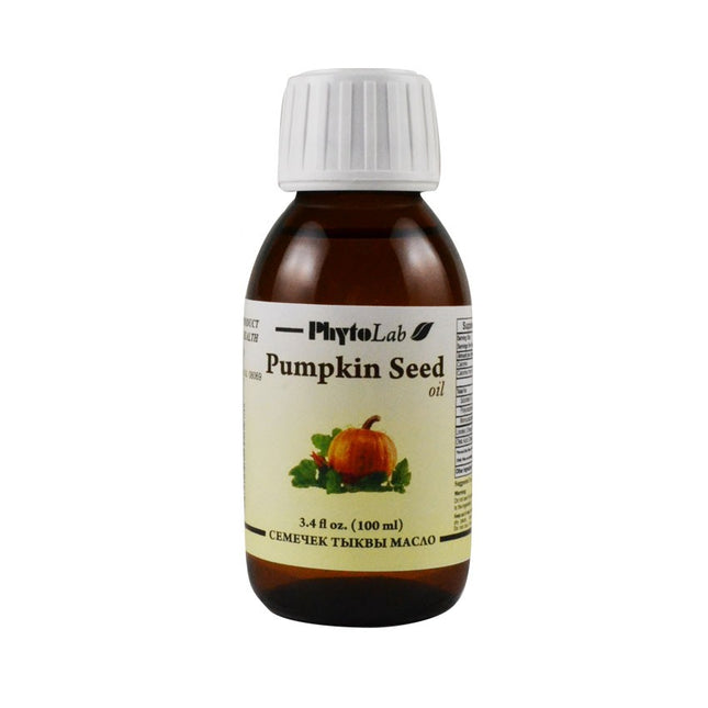 Bottle of PhytoLab Pumpkin Seed oil on a white background