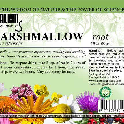 Salem Botanical Marshmallow root label with floral design and text.