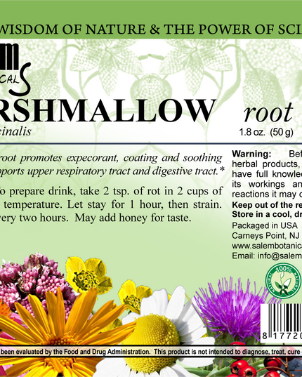 Salem Botanical Marshmallow root label with floral design and text.