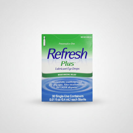 Refresh Plus® Lubricant Eye Drops are preservative-free artificial tears designed to provide immediate relief from dry, burning, irritated eyes. The original-strength formula contains carboxymethylcellulose sodium, which helps lubricate the eye surface and mimic natural tears. The convenient single-use containers are ideal for sensitive eyes and can be used throughout the day as needed.&nbsp;
