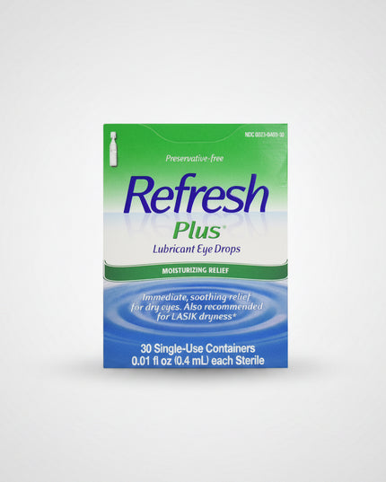 Refresh Plus® Lubricant Eye Drops are preservative-free artificial tears designed to provide immediate relief from dry, burning, irritated eyes. The original-strength formula contains carboxymethylcellulose sodium, which helps lubricate the eye surface and mimic natural tears. The convenient single-use containers are ideal for sensitive eyes and can be used throughout the day as needed.&nbsp;
