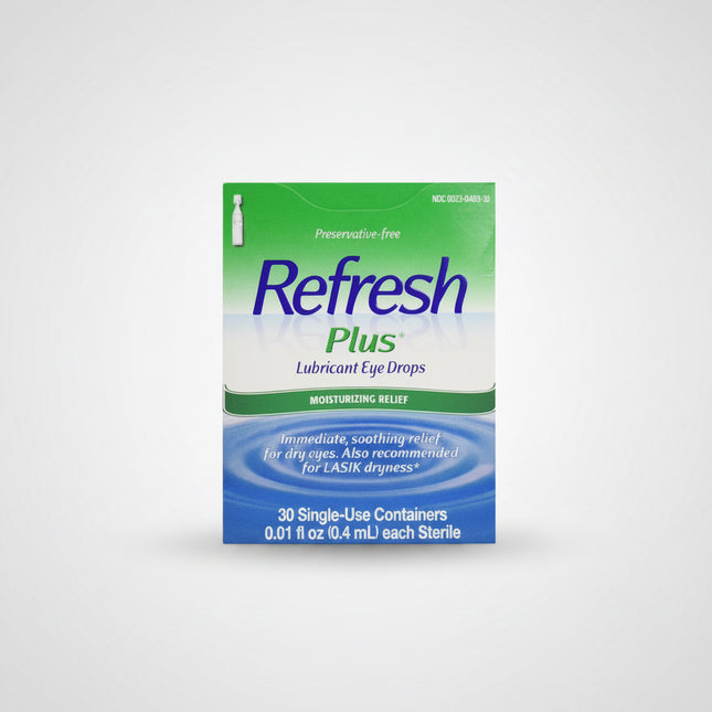 Refresh Plus® Lubricant Eye Drops are preservative-free artificial tears designed to provide immediate relief from dry, burning, irritated eyes. The original-strength formula contains carboxymethylcellulose sodium, which helps lubricate the eye surface and mimic natural tears. The convenient single-use containers are ideal for sensitive eyes and can be used throughout the day as needed.&nbsp;

