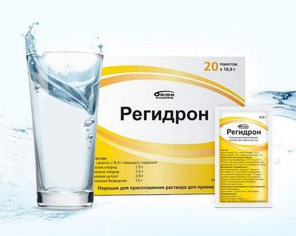 Regidron packaging with a glass of water on a white background