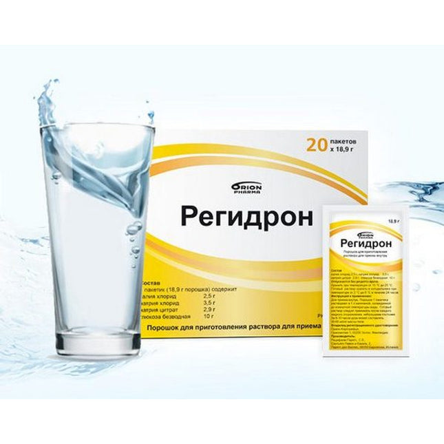 Regidron packaging with a glass of water on a white background