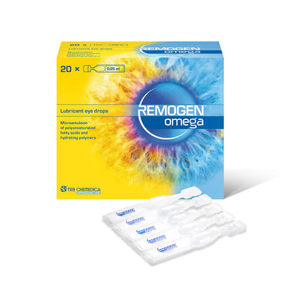 Box of Remogen Omega lubricant eye drops with colorful design