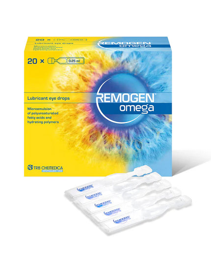 Box of Remogen Omega lubricant eye drops with colorful design