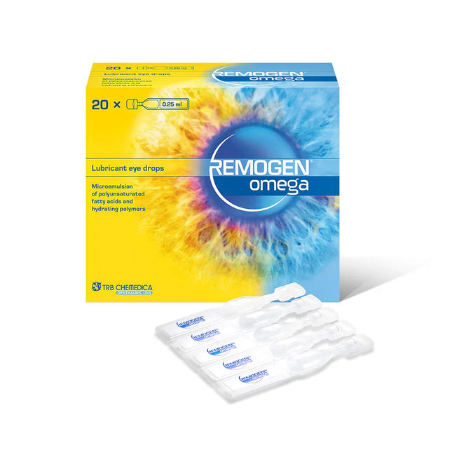 Box of Remogen Omega lubricant eye drops with colorful design