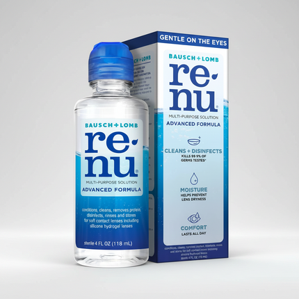 ReNu® Advanced Formula Multi-Purpose Solution is an all-in-one contact lens care solution designed to clean, rinse, disinfect, condition, remove protein deposits, and store soft contact lenses, including silicone hydrogel lenses. Its advanced triple disinfectant system helps eliminate germs while keeping lenses hydrated and comfortable throughout the day. The convenient 4 fl oz bottle is ideal for travel and everyday lens care.&nbsp;