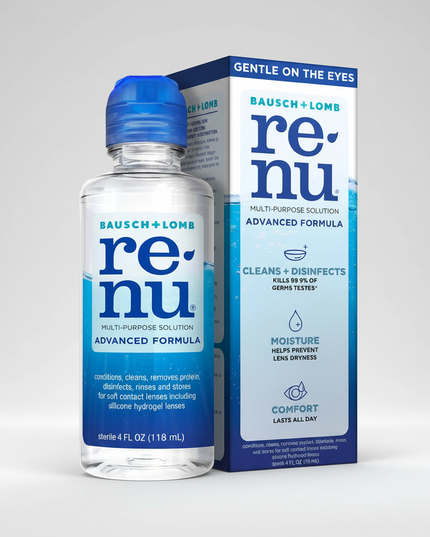 ReNu® Advanced Formula Multi-Purpose Solution is an all-in-one contact lens care solution designed to clean, rinse, disinfect, condition, remove protein deposits, and store soft contact lenses, including silicone hydrogel lenses. Its advanced triple disinfectant system helps eliminate germs while keeping lenses hydrated and comfortable throughout the day. The convenient 4 fl oz bottle is ideal for travel and everyday lens care.&nbsp;