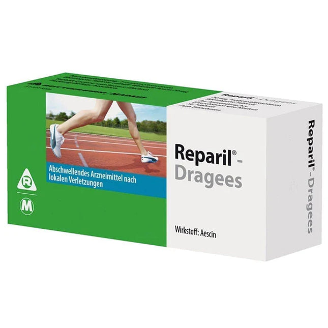 Box of Reparil Dragees with a running person on a track on a white background