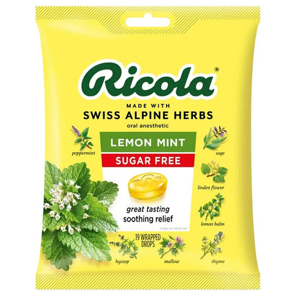 ricola lemon mint, ricola sugar free, ricola cough drops, lemon mint cough drops, cough suppressant, oral anesthetic, sore throat relief, menthol cough drops, sugar free lozenges, swiss alpine herbs, throat drops, lemon mint lozenges, cold and flu relief, рикола лимон мята, рикола без сахара, леденцы от кашля, средство от кашля, боль в горле, ментоловые леденцы, лимон и мята, швейцарские травы, облегчение кашля, першение в горле, ricola limón menta, ricola sin azúcar, gotas para la tos, supresor de la tos, 