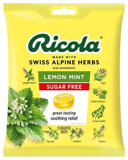 ricola lemon mint, ricola sugar free, ricola cough drops, lemon mint cough drops, cough suppressant, oral anesthetic, sore throat relief, menthol cough drops, sugar free lozenges, swiss alpine herbs, throat drops, lemon mint lozenges, cold and flu relief, рикола лимон мята, рикола без сахара, леденцы от кашля, средство от кашля, боль в горле, ментоловые леденцы, лимон и мята, швейцарские травы, облегчение кашля, першение в горле, ricola limón menta, ricola sin azúcar, gotas para la tos, supresor de la tos, 