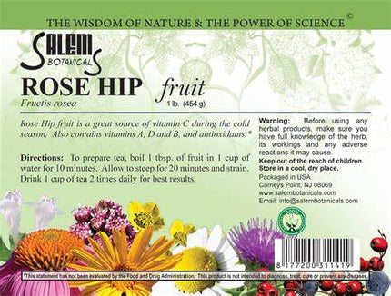Salem Botanicals Rose Hip fruit label with floral design and text.