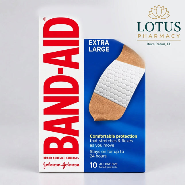 A box of Band-Aid Flexible Fabric Extra Large adhesive bandages by Johnson & Johnson, featuring a white and blue package design with a graphic of a bandage.