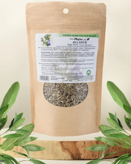 Brown paper bag with a transparent window showing dried herbs, labeled 'Plants Lab', on a light beige background with green leaves.
