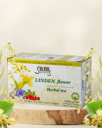 Salem Botanical Linden Flower Herbal Tea box with floral and leaf decorations on a light background