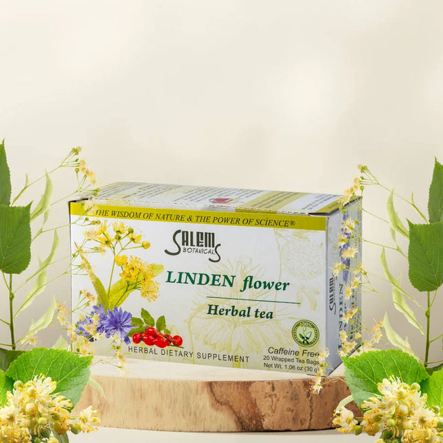 Salem Botanical Linden Flower Herbal Tea box with floral and leaf decorations on a light background