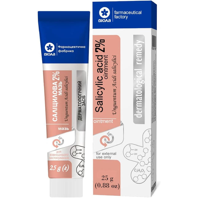 Salicylic acid ointment with packaging from Bionla Pharmaceutical Factory on a white background