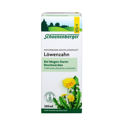 Schoenenberger Löwenzahn herbal juice box with dandelion illustration on a white background