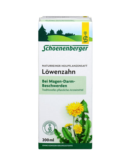 Schoenenberger Löwenzahn herbal juice box with dandelion illustration on a white background