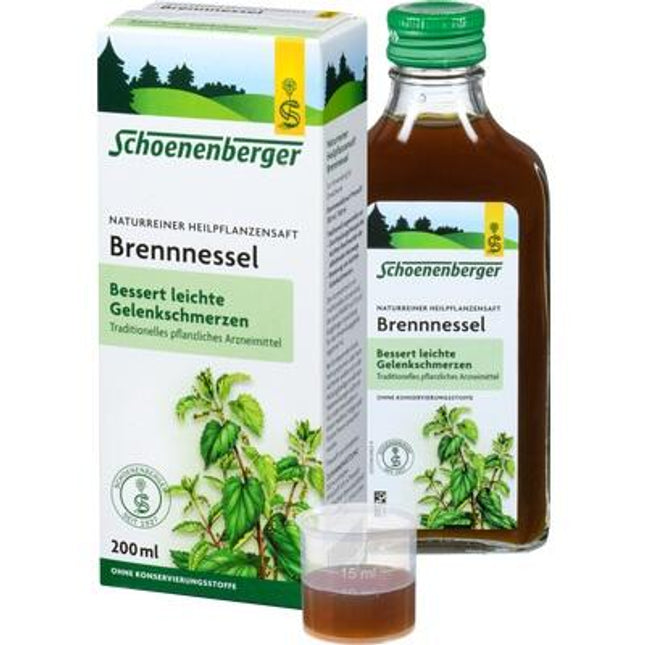 Schoenenberger Brennessel syrup bottle and packaging on a white background