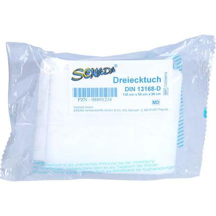 senada triangular bandage, triangular bandage, din 13168, first aid bandage, emergency bandage, arm sling, medical sling, wound support, first aid supplies, emergency care, bandage for injuries, сенада, треугольная косынка, медицинская косынка, бинт для первой помощи, повязка для руки, поддерживающая повязка, экстренная помощь, аптечка, медицинские принадлежности, перевязочный материал, venda triangular, vendaje triangular, cabestrillo, primeros auxilios, vendaje de emergencia, soporte para brazo, suministr