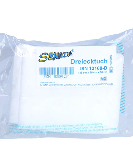 senada triangular bandage, triangular bandage, din 13168, first aid bandage, emergency bandage, arm sling, medical sling, wound support, first aid supplies, emergency care, bandage for injuries, сенада, треугольная косынка, медицинская косынка, бинт для первой помощи, повязка для руки, поддерживающая повязка, экстренная помощь, аптечка, медицинские принадлежности, перевязочный материал, venda triangular, vendaje triangular, cabestrillo, primeros auxilios, vendaje de emergencia, soporte para brazo, suministr