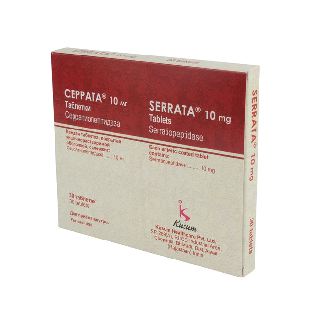 Box of SERRATA 10 mg Tablets with red and beige design