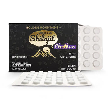 Box of Golden Mountains Shilajit & Eleuthero dietary supplement with white tablets on a white background