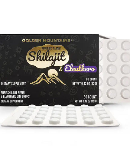 Box of Golden Mountains Shilajit & Eleuthero dietary supplement with white tablets on a white background