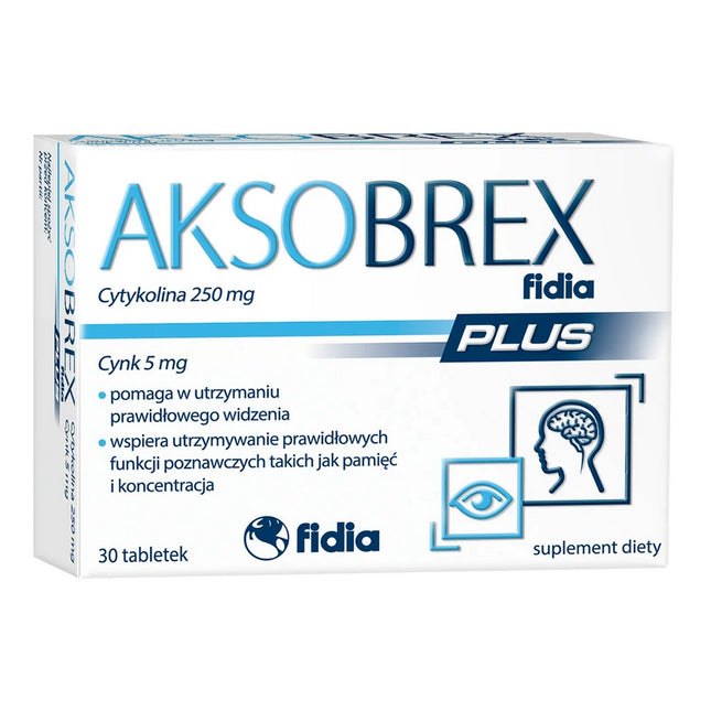 Box of AKSOBREX Plus supplement with Fidia logo on a white background