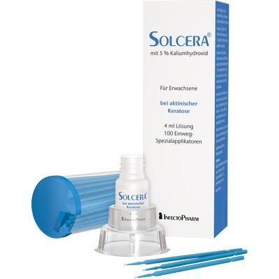 Solcera skincare product set with bottle, applicators, and packaging on a white background