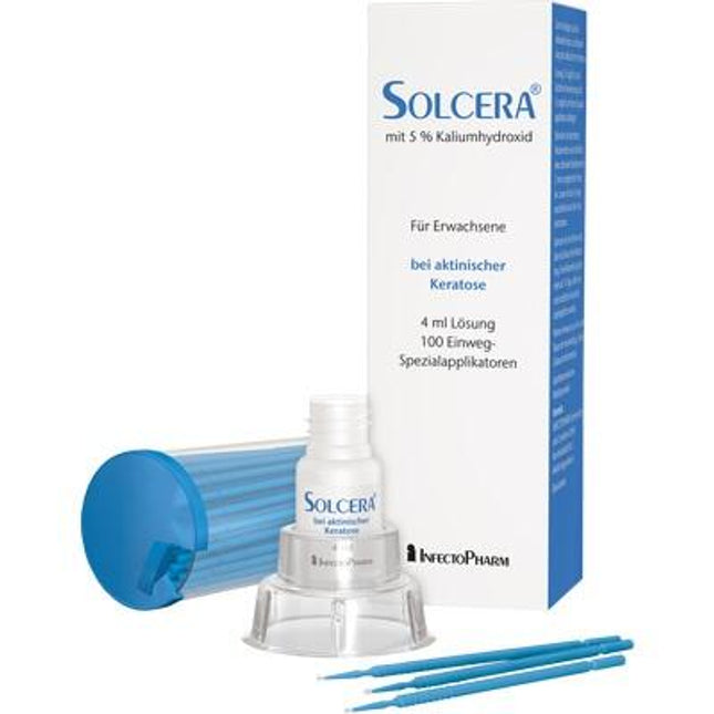 Solcera skincare product set with bottle, applicators, and packaging on a white background