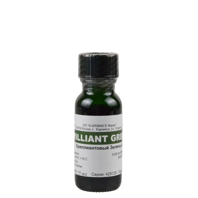 Small bottle of 'Brilliant Green' on a white background