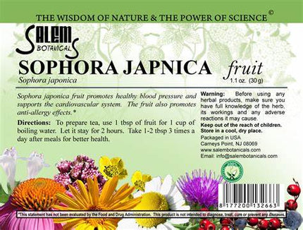Salem Botanicals Sophora Japonica fruit label with floral design and text.