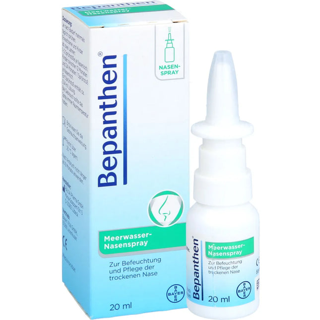 Bepanthen nasal spray bottle and packaging on a white background