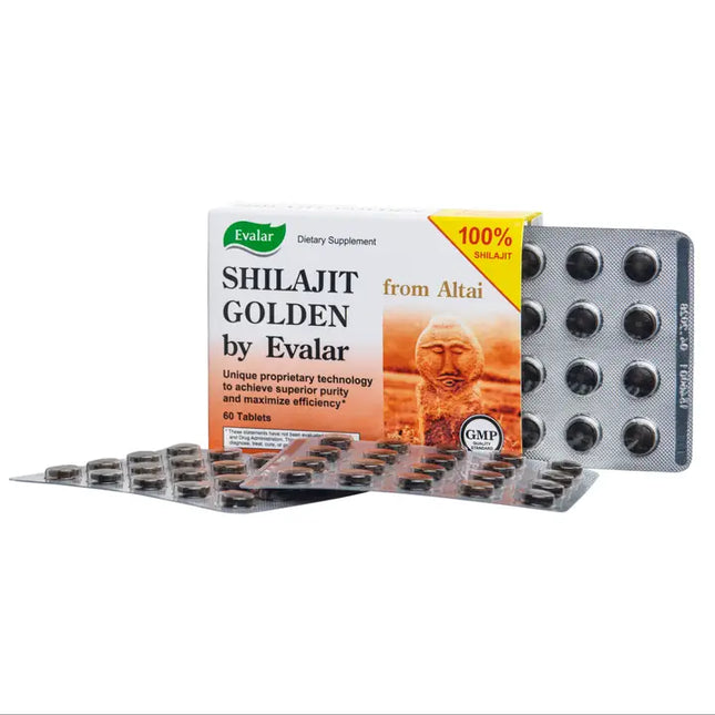 Shilajit Golden by Evalar packaging with tablets on a white background