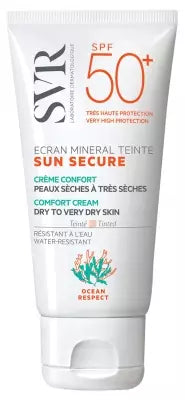 Tube of SVR Sun Secure sunscreen cream with SPF 50+ on a white background