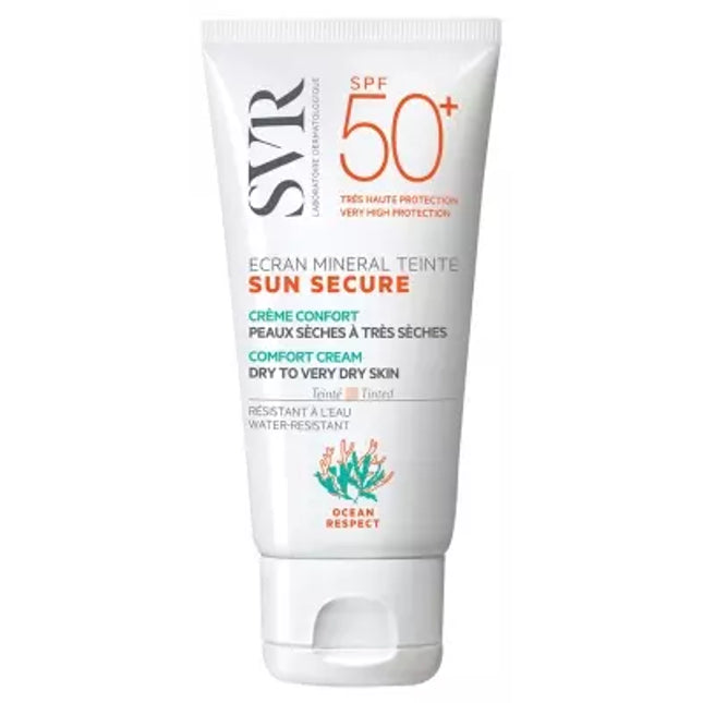 Tube of SVR Sun Secure sunscreen cream with SPF 50+ on a white background