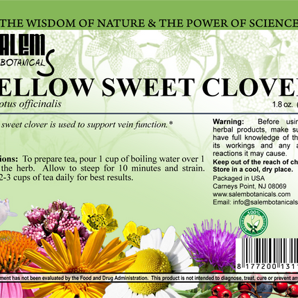 Salem Botanical Yellow Sweet Clover herb packaging with floral design and text.