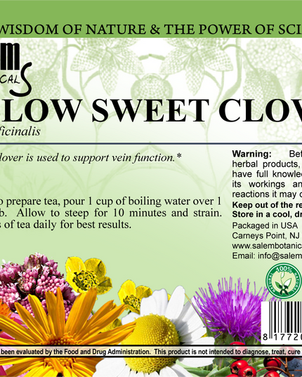 Salem Botanical Yellow Sweet Clover herb packaging with floral design and text.