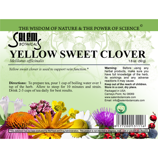 Salem Botanical Yellow Sweet Clover herb packaging with floral design and text.